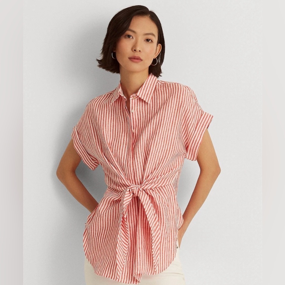 Ralph Lauren Womens Black Label Red White Stripe 100% Linen Front Tie Top 2X NEW